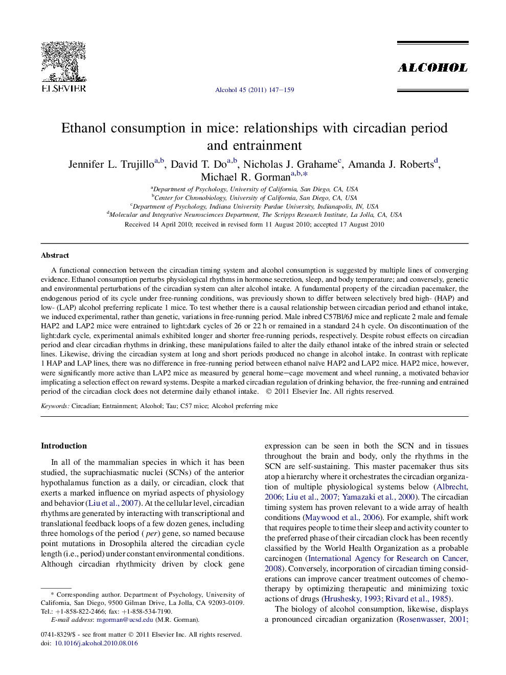 Ethanol consumption in mice: relationships with circadian period and entrainment