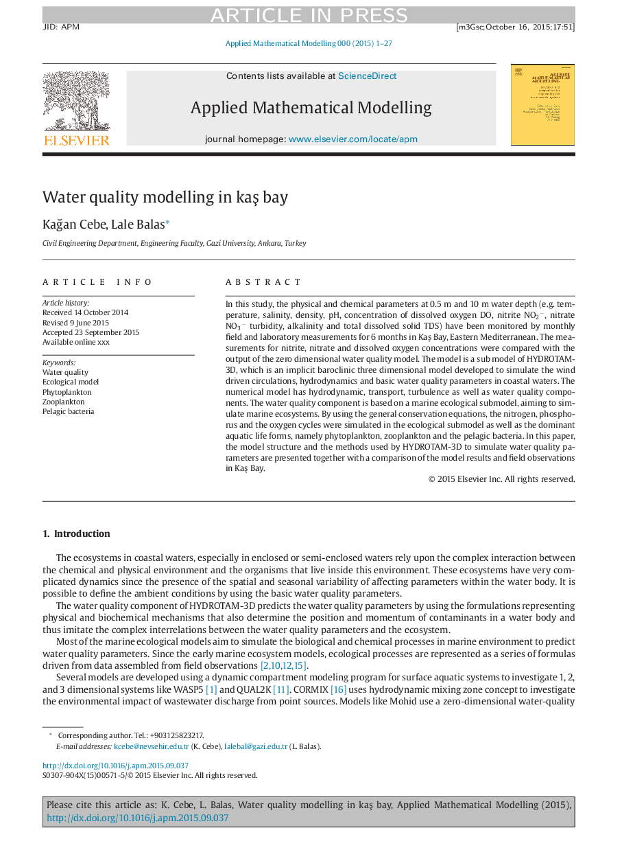 Water quality modelling in kaÅ bay
