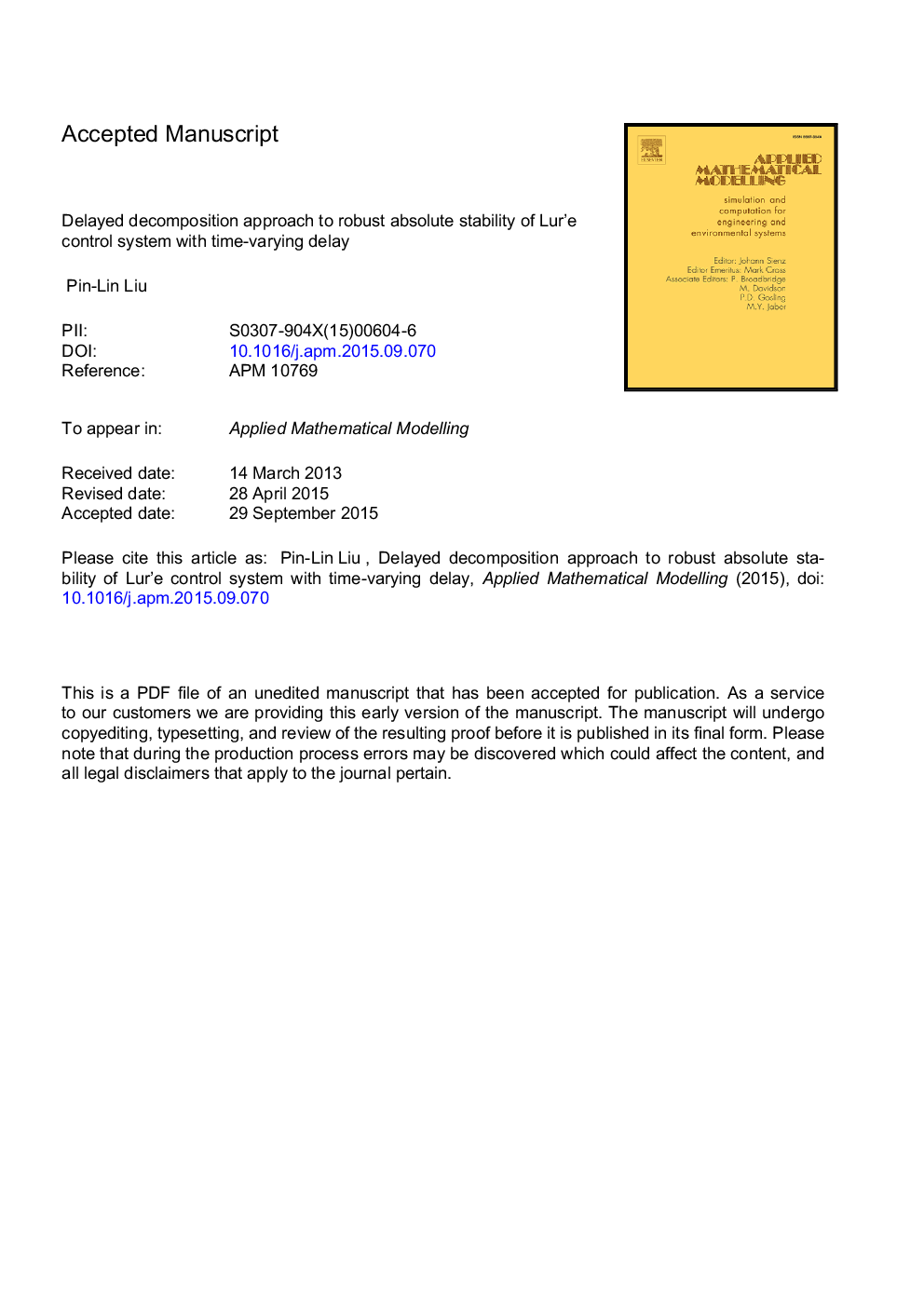 Delayed decomposition approach to the robust absolute stability of a Lur'e control system with time-varying delay