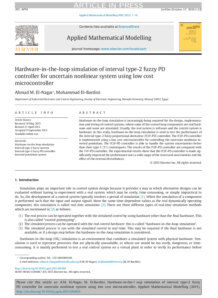 Hardware-in-the-loop simulation of interval type-2 fuzzy PD controller for uncertain nonlinear system using low cost microcontroller
