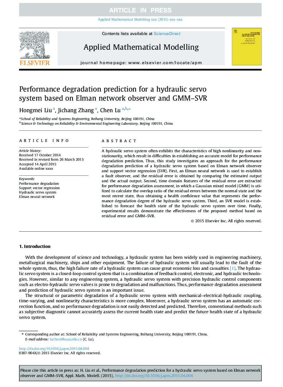 Performance degradation prediction for a hydraulic servo system based on Elman network observer and GMM-SVR