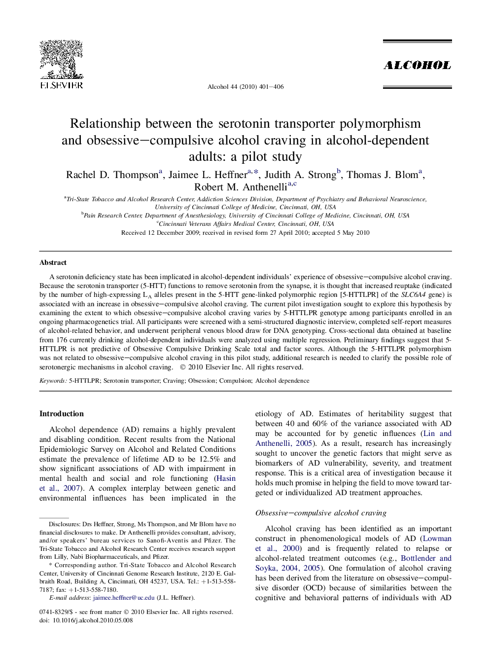 Relationship between the serotonin transporter polymorphism and obsessive–compulsive alcohol craving in alcohol-dependent adults: a pilot study 