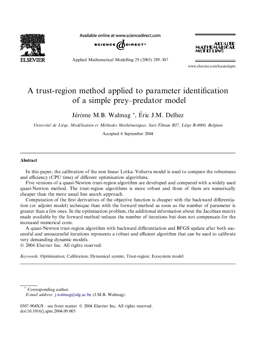 A trust-region method applied to parameter identification of a simple prey-predator model