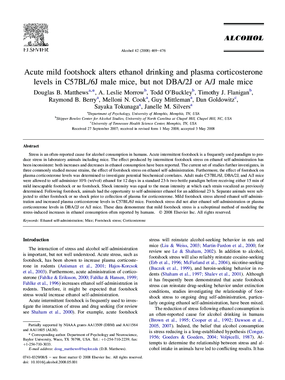 Acute mild footshock alters ethanol drinking and plasma corticosterone levels in C57BL/6J male mice, but not DBA/2J or A/J male mice 