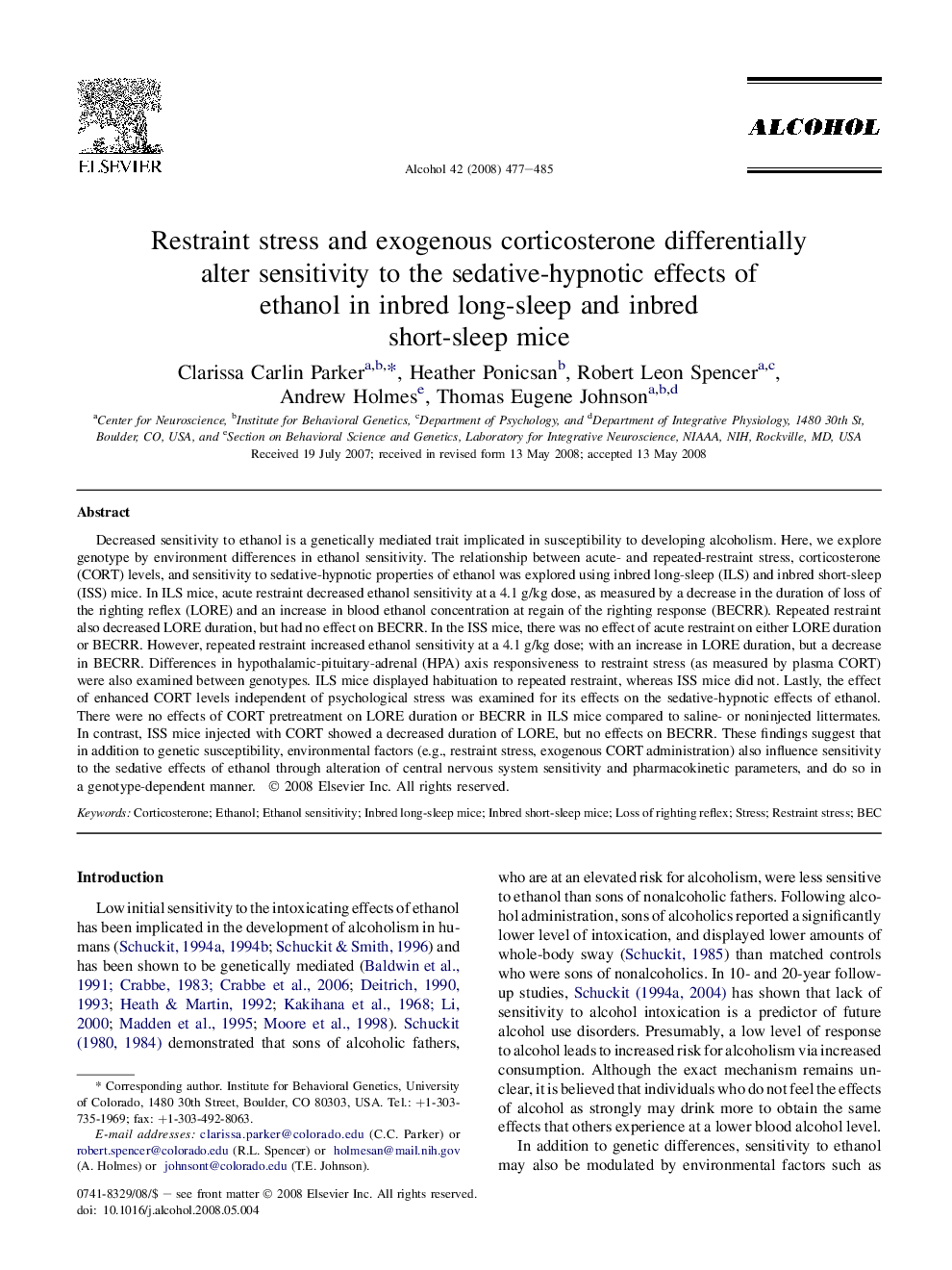 Restraint stress and exogenous corticosterone differentially alter sensitivity to the sedative-hypnotic effects of ethanol in inbred long-sleep and inbred short-sleep mice