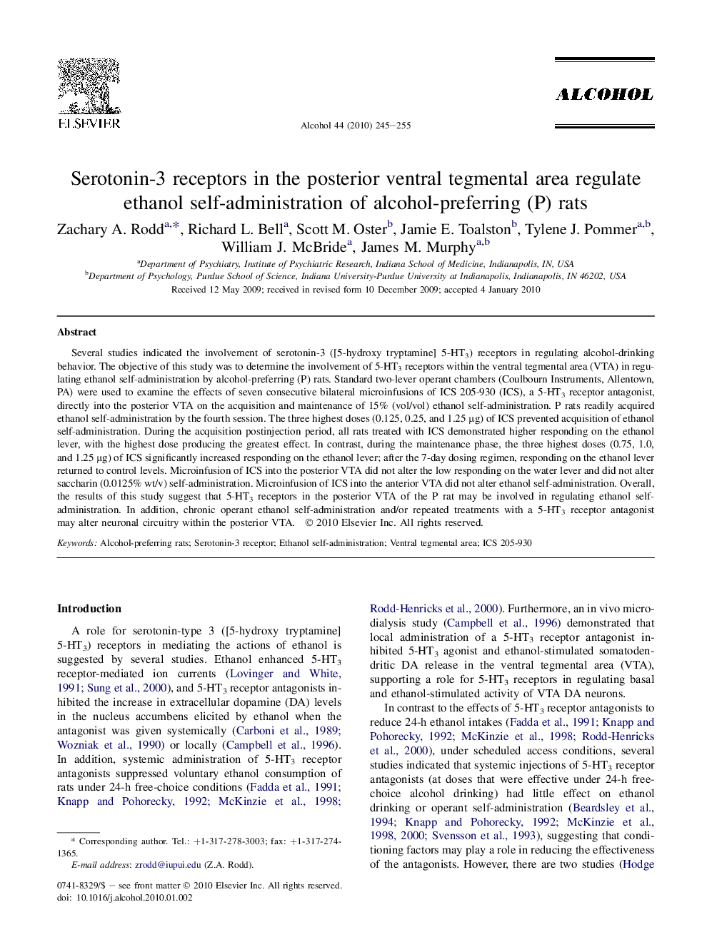 Serotonin-3 receptors in the posterior ventral tegmental area regulate ethanol self-administration of alcohol-preferring (P) rats