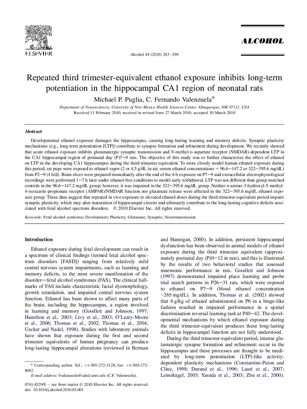 Repeated third trimester-equivalent ethanol exposure inhibits long-term potentiation in the hippocampal CA1 region of neonatal rats