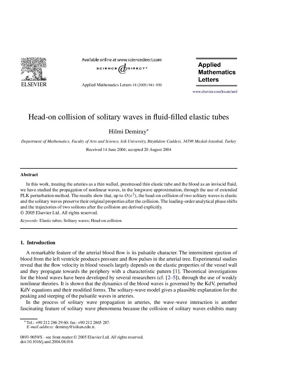 Head-on collision of solitary waves in fluid-filled elastic tubes