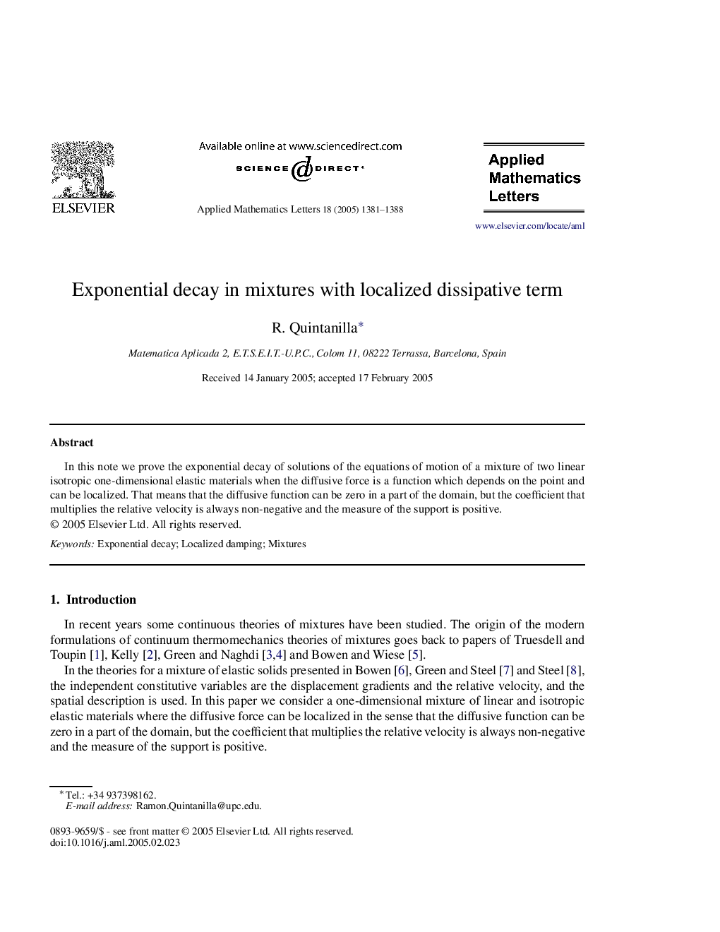 Exponential decay in mixtures with localized dissipative term