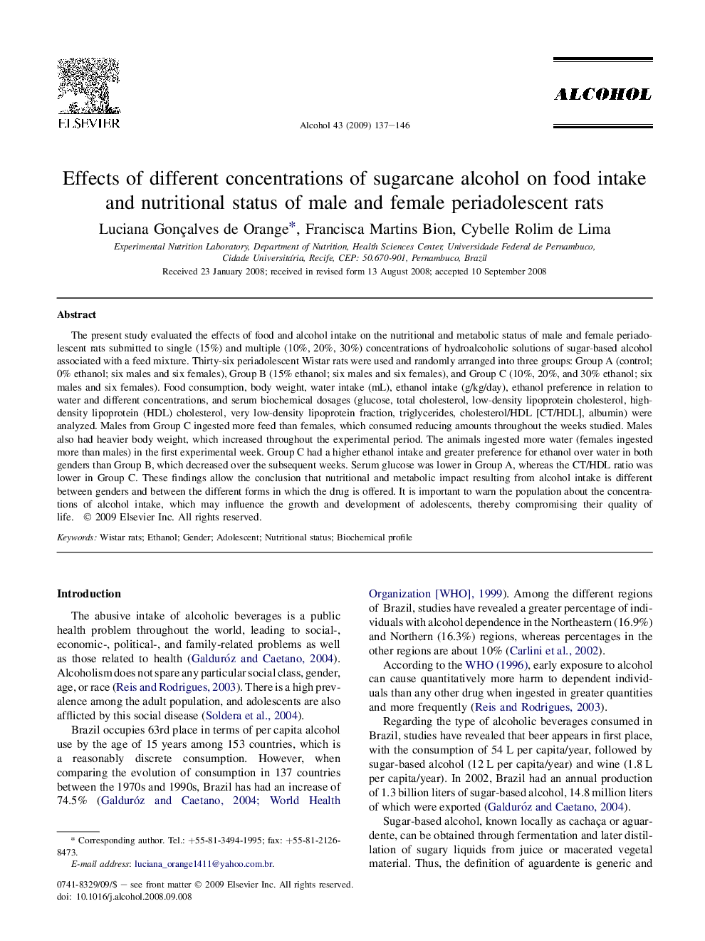 Effects of different concentrations of sugarcane alcohol on food intake and nutritional status of male and female periadolescent rats