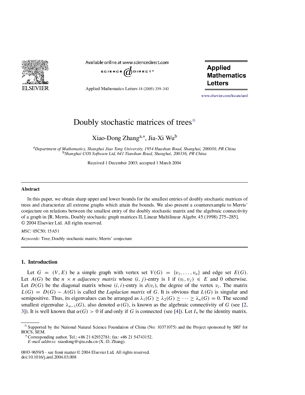 Doubly stochastic matrices of trees