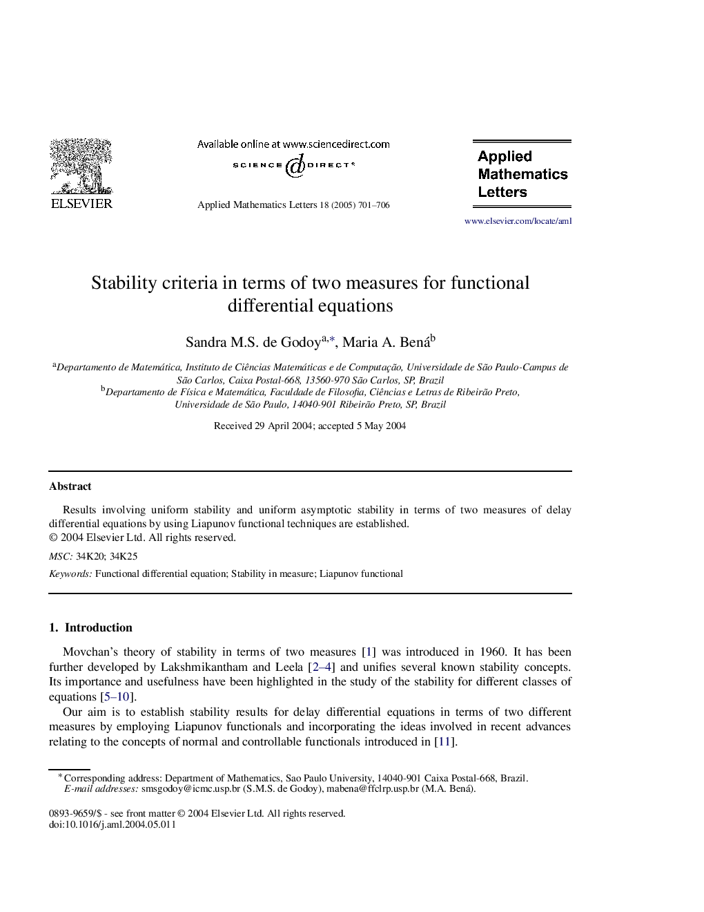 Stability criteria in terms of two measures for functional differential equations