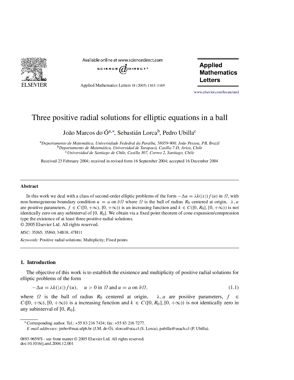 Three positive radial solutions for elliptic equations in a ball