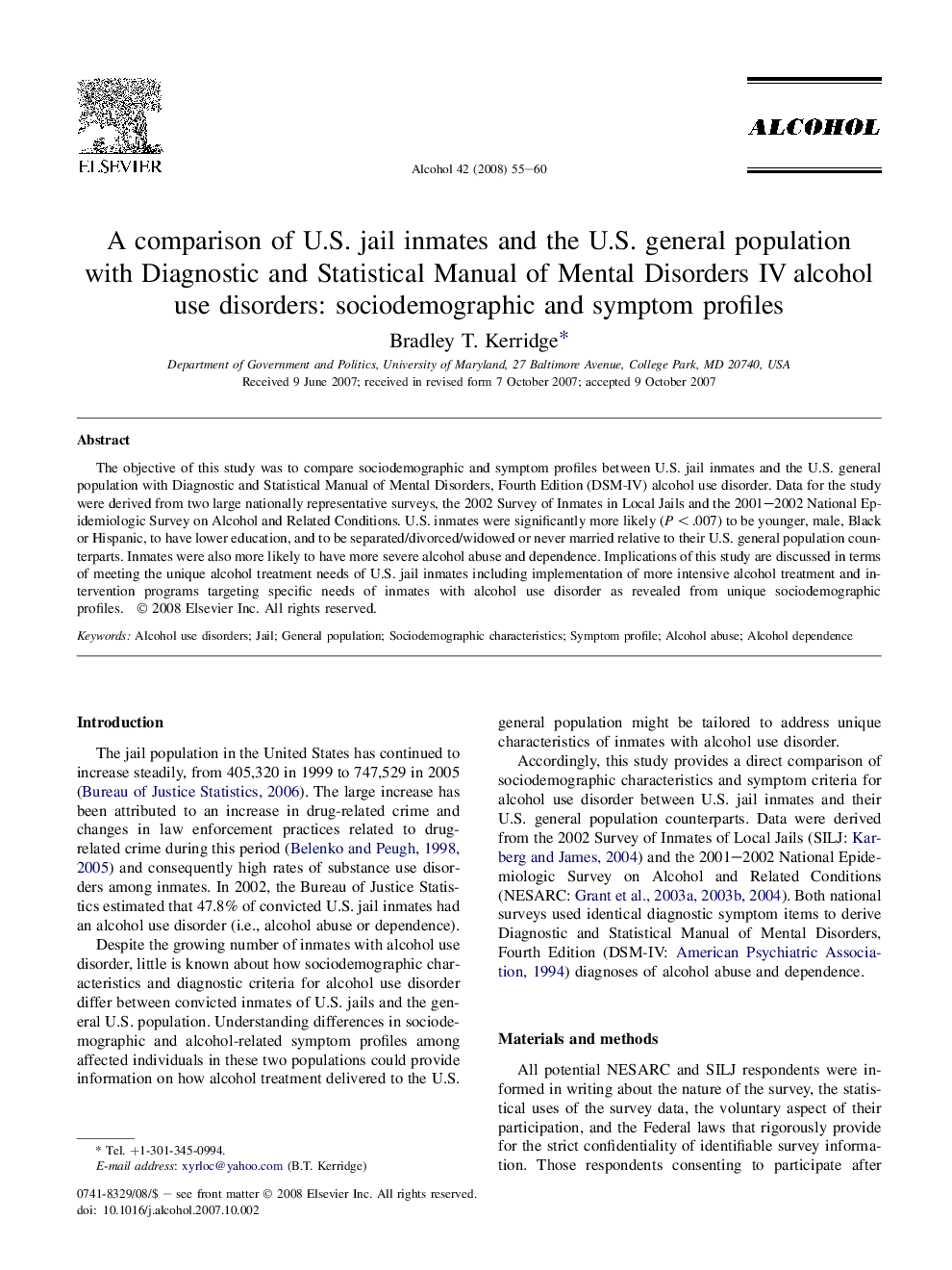 A comparison of U.S. jail inmates and the U.S. general population with Diagnostic and Statistical Manual of Mental Disorders IV alcohol use disorders: sociodemographic and symptom profiles