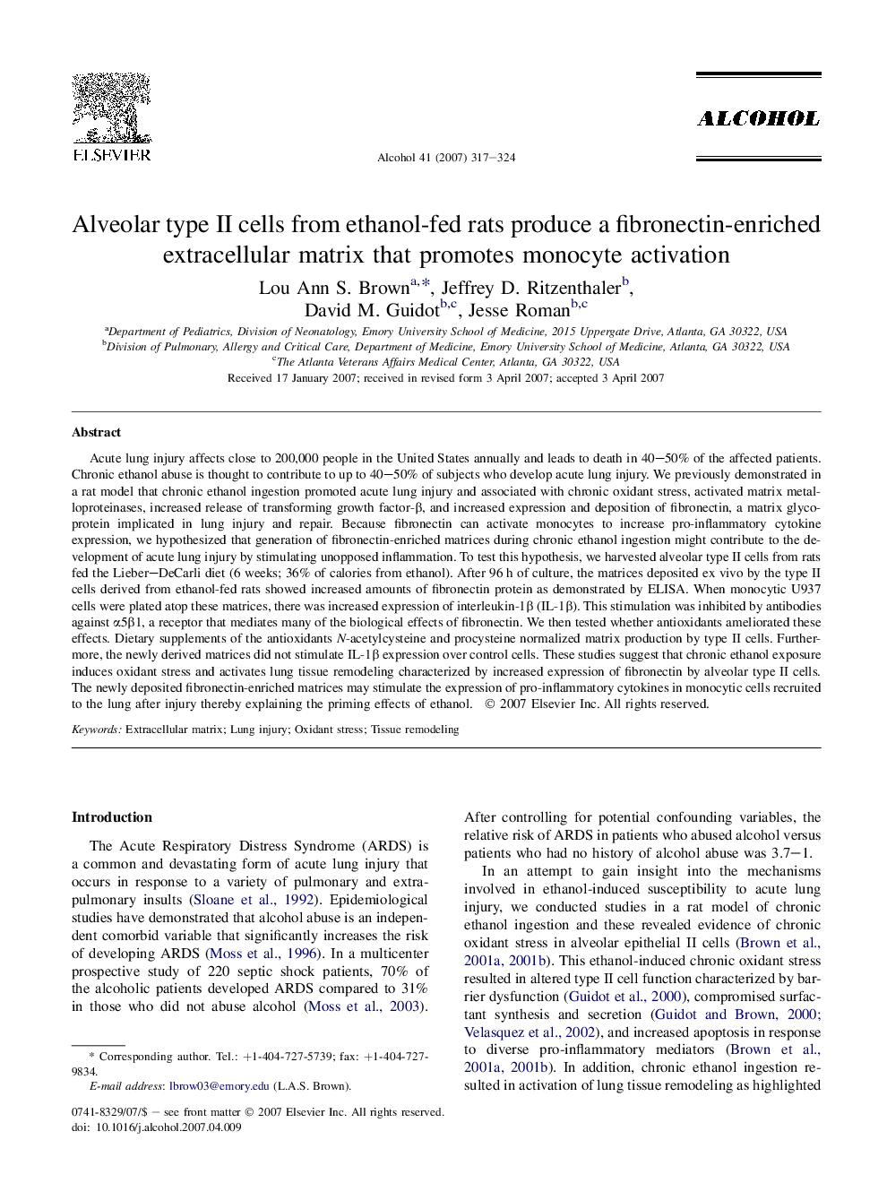 Alveolar type II cells from ethanol-fed rats produce a fibronectin-enriched extracellular matrix that promotes monocyte activation