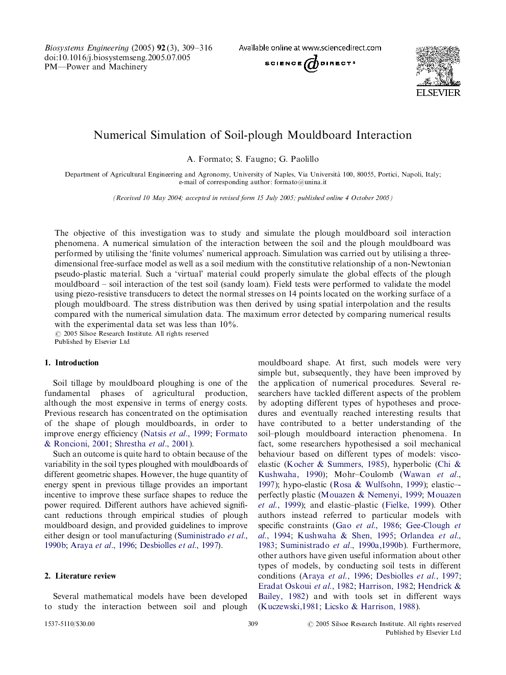 Numerical Simulation of Soil-plough Mouldboard Interaction