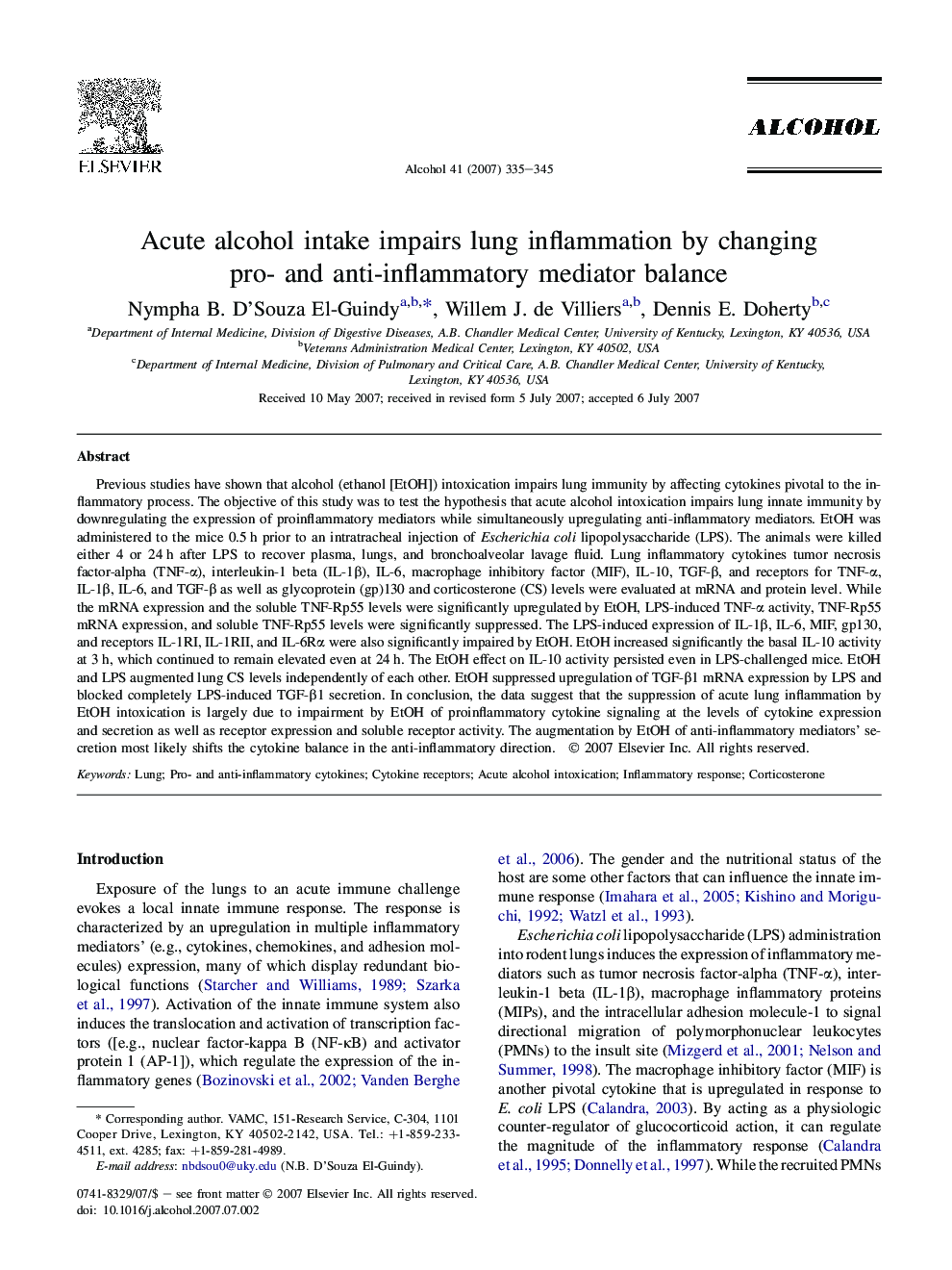 Acute alcohol intake impairs lung inflammation by changing pro- and anti-inflammatory mediator balance