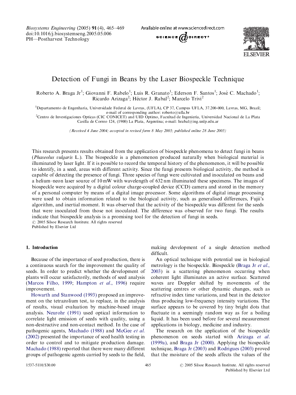 Detection of Fungi in Beans by the Laser Biospeckle Technique