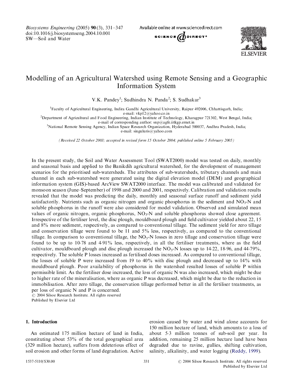 Modelling of an Agricultural Watershed using Remote Sensing and a Geographic Information System