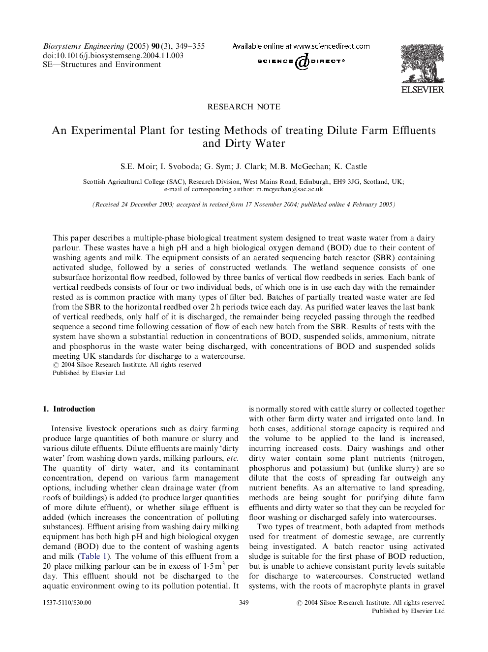 An Experimental Plant for testing Methods of treating Dilute Farm Effluents and Dirty Water