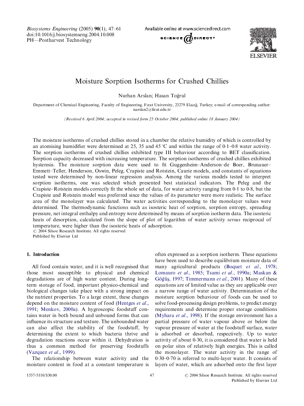 Moisture Sorption Isotherms for Crushed Chillies