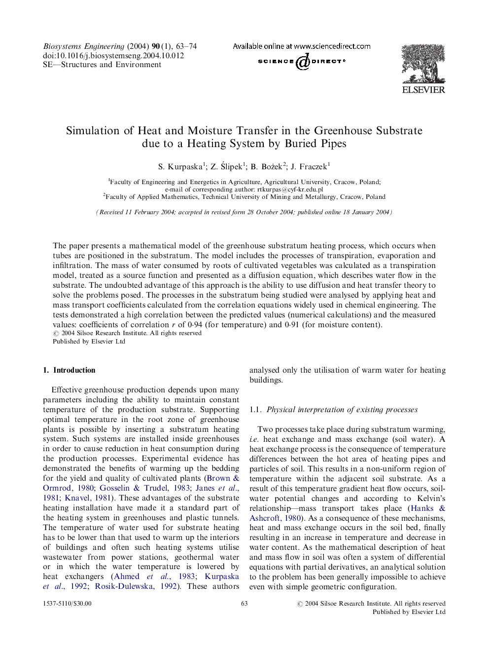 Simulation of Heat and Moisture Transfer in the Greenhouse Substrate due to a Heating System by Buried Pipes