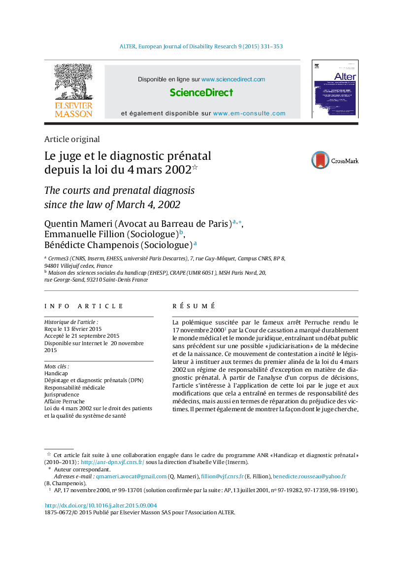 Le juge et le diagnostic prénatal depuis la loi du 4 mars 2002 