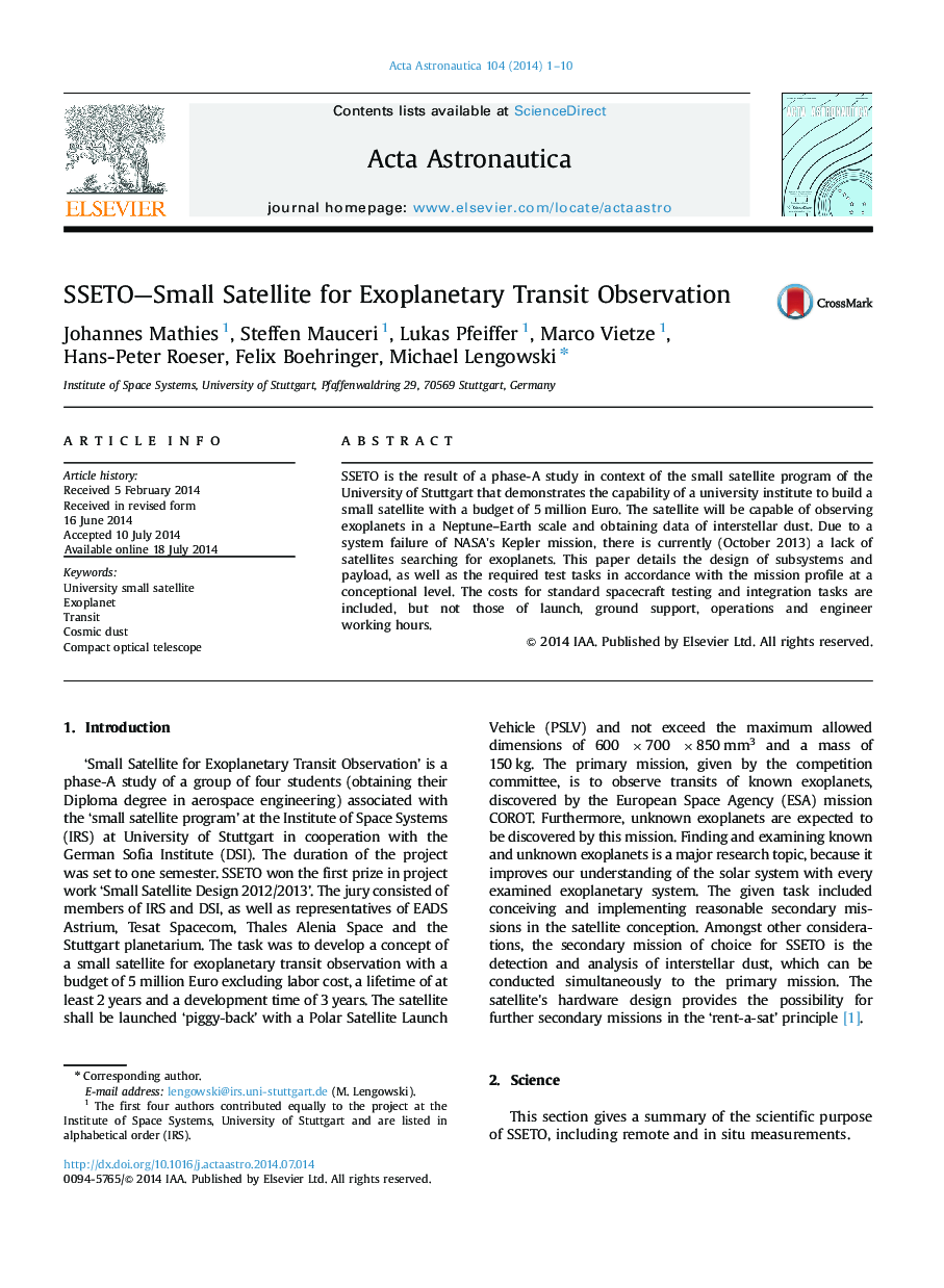 SSETO-Small Satellite for Exoplanetary Transit Observation