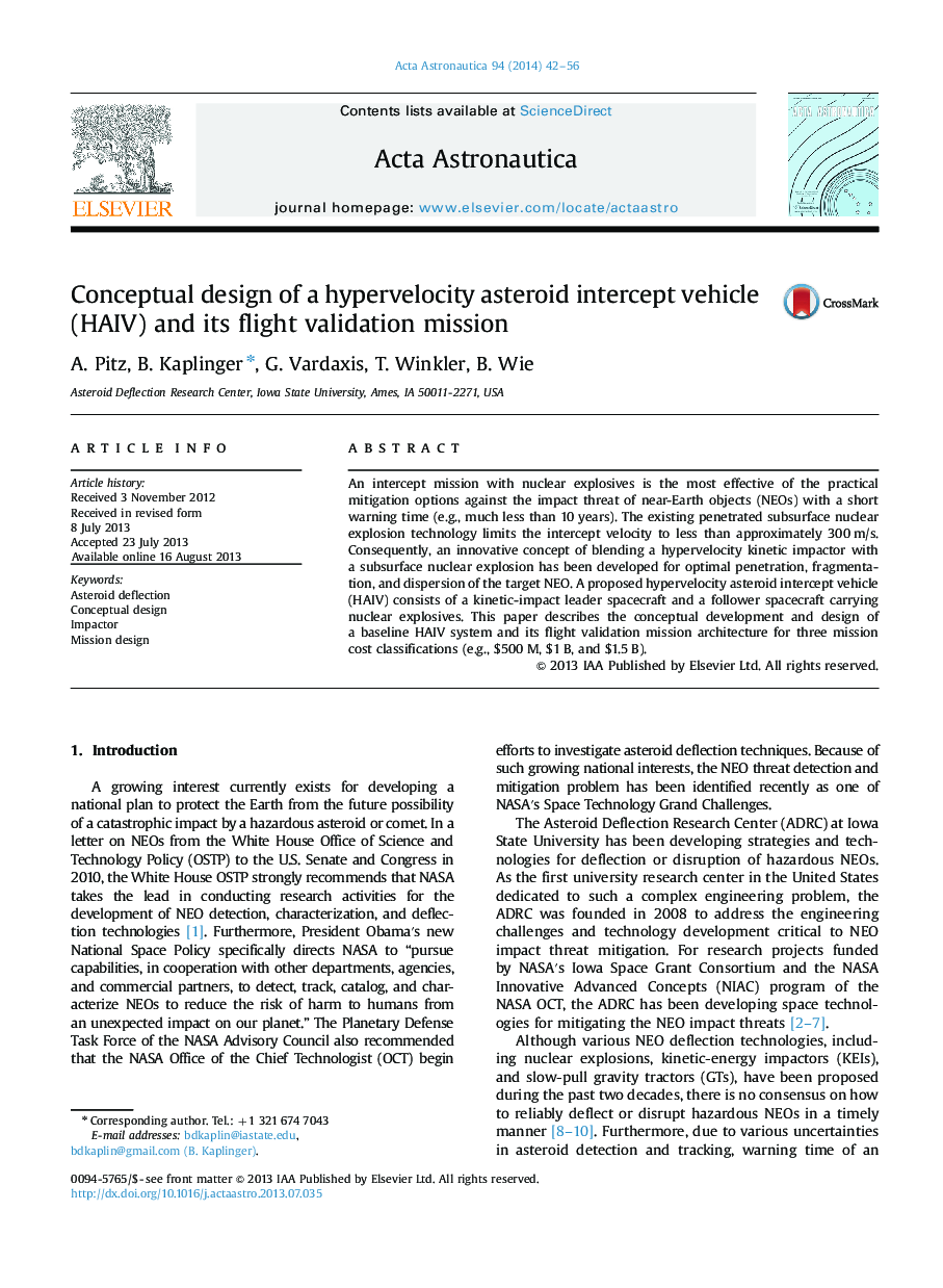 Conceptual design of a hypervelocity asteroid intercept vehicle (HAIV) and its flight validation mission