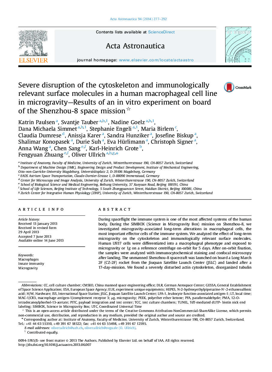 Severe disruption of the cytoskeleton and immunologically relevant surface molecules in a human macrophageal cell line in microgravity-Results of an in vitro experiment on board of the Shenzhou-8 space mission