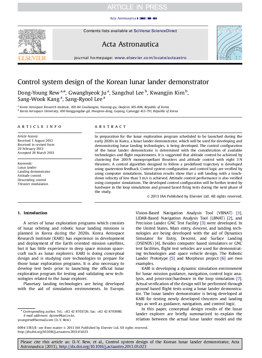 Control system design of the Korean lunar lander demonstrator