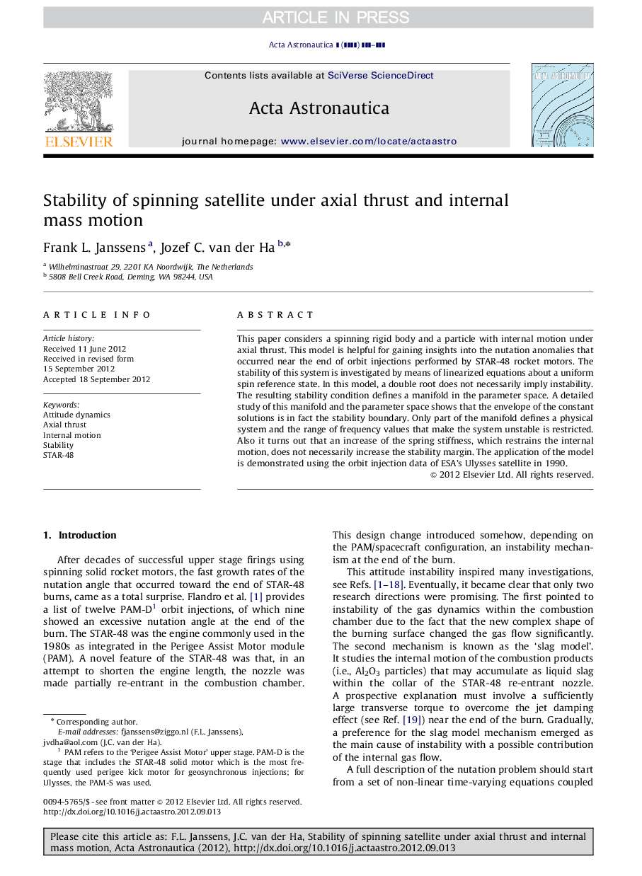 Stability of spinning satellite under axial thrust and internal mass motion