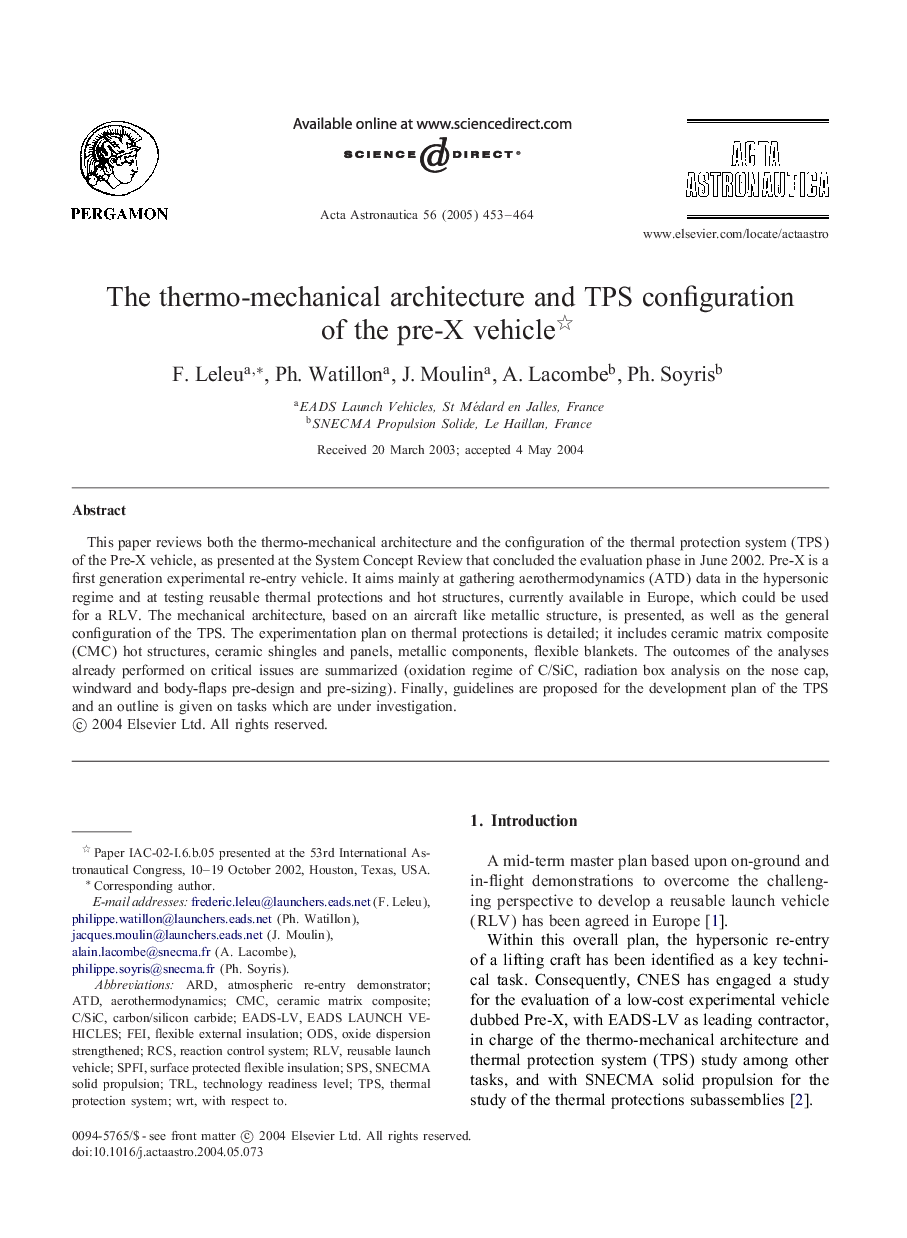 The thermo-mechanical architecture and TPS configuration of the pre-X vehicle