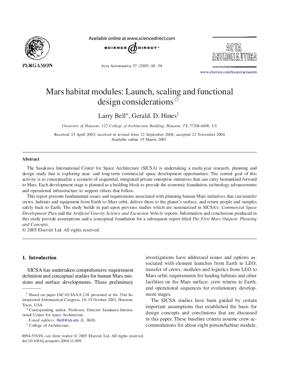 عکس صفحه اول مقاله: Mars habitat modules: Launch, scaling and functional design considerations Mars habitat modules: Launch, scaling and functional design considerations