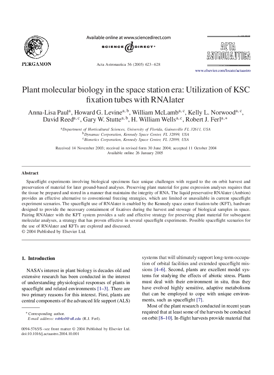 Plant molecular biology in the space station era: Utilization of KSC fixation tubes with RNAlater