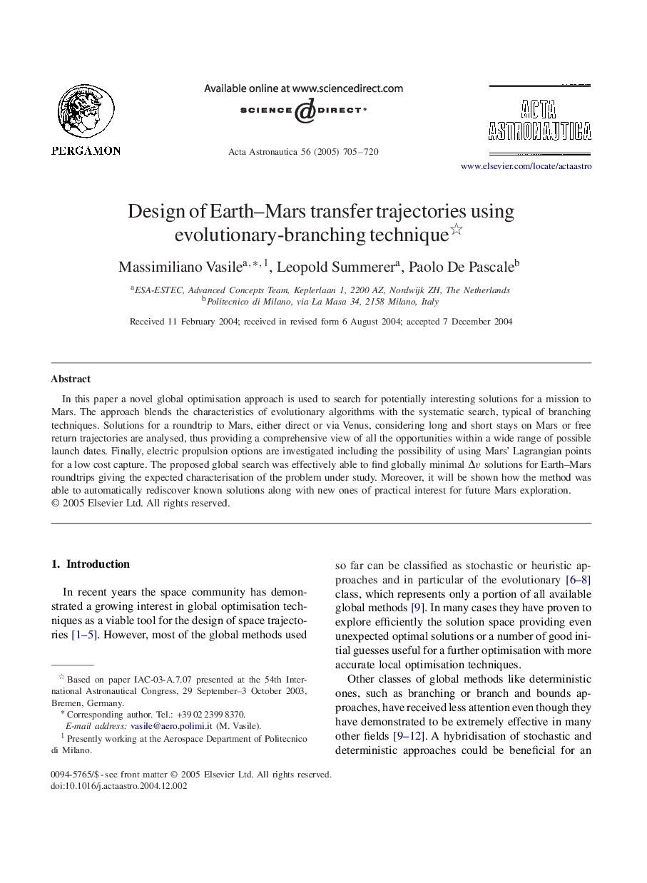 Design of Earth-Mars transfer trajectories using evolutionary-branching technique