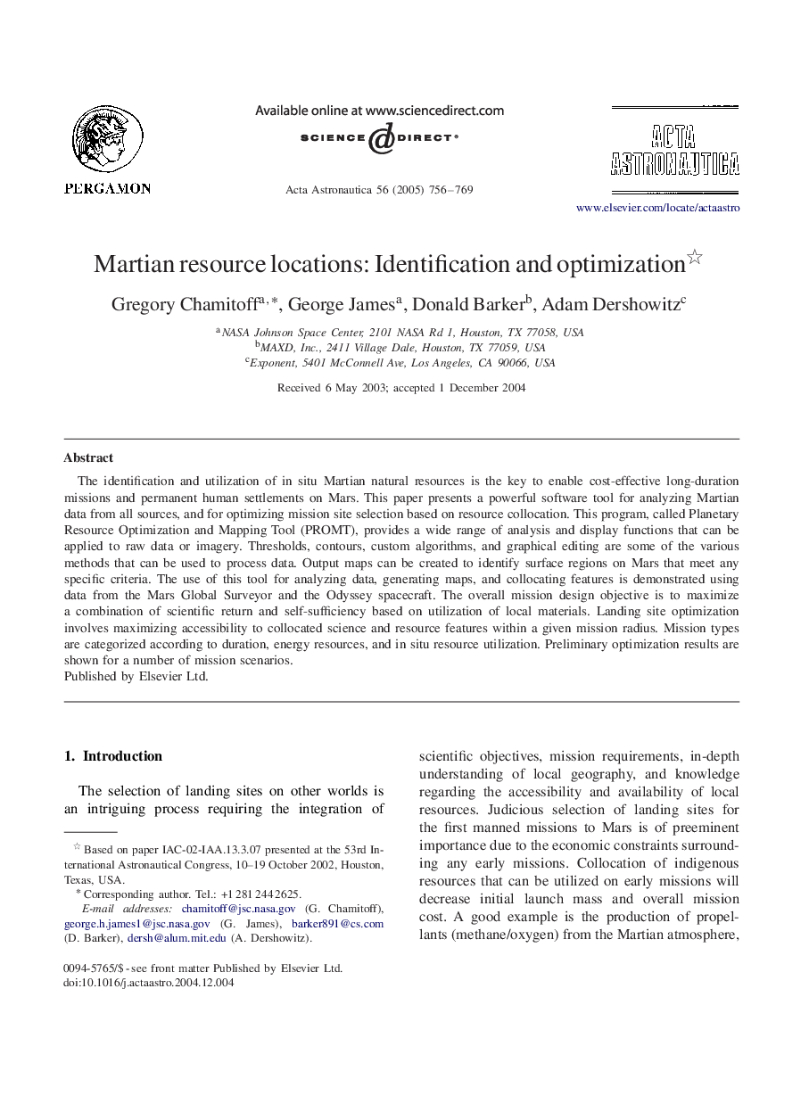 عکس صفحه اول مقاله: Martian resource locations: Identification and optimization Martian resource locations: Identification and optimization