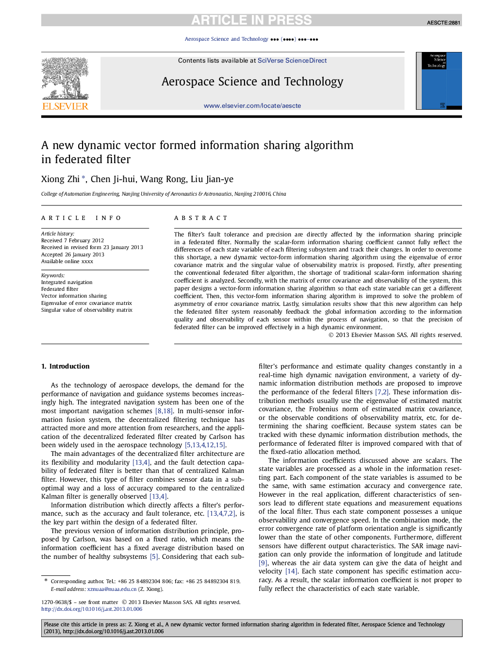 A new dynamic vector formed information sharing algorithm in federated filter