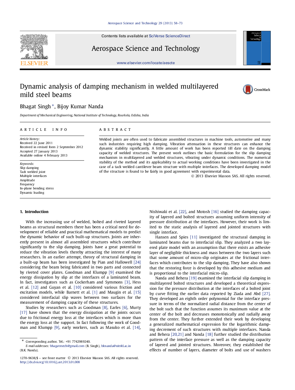 Dynamic analysis of damping mechanism in welded multilayered mild steel beams