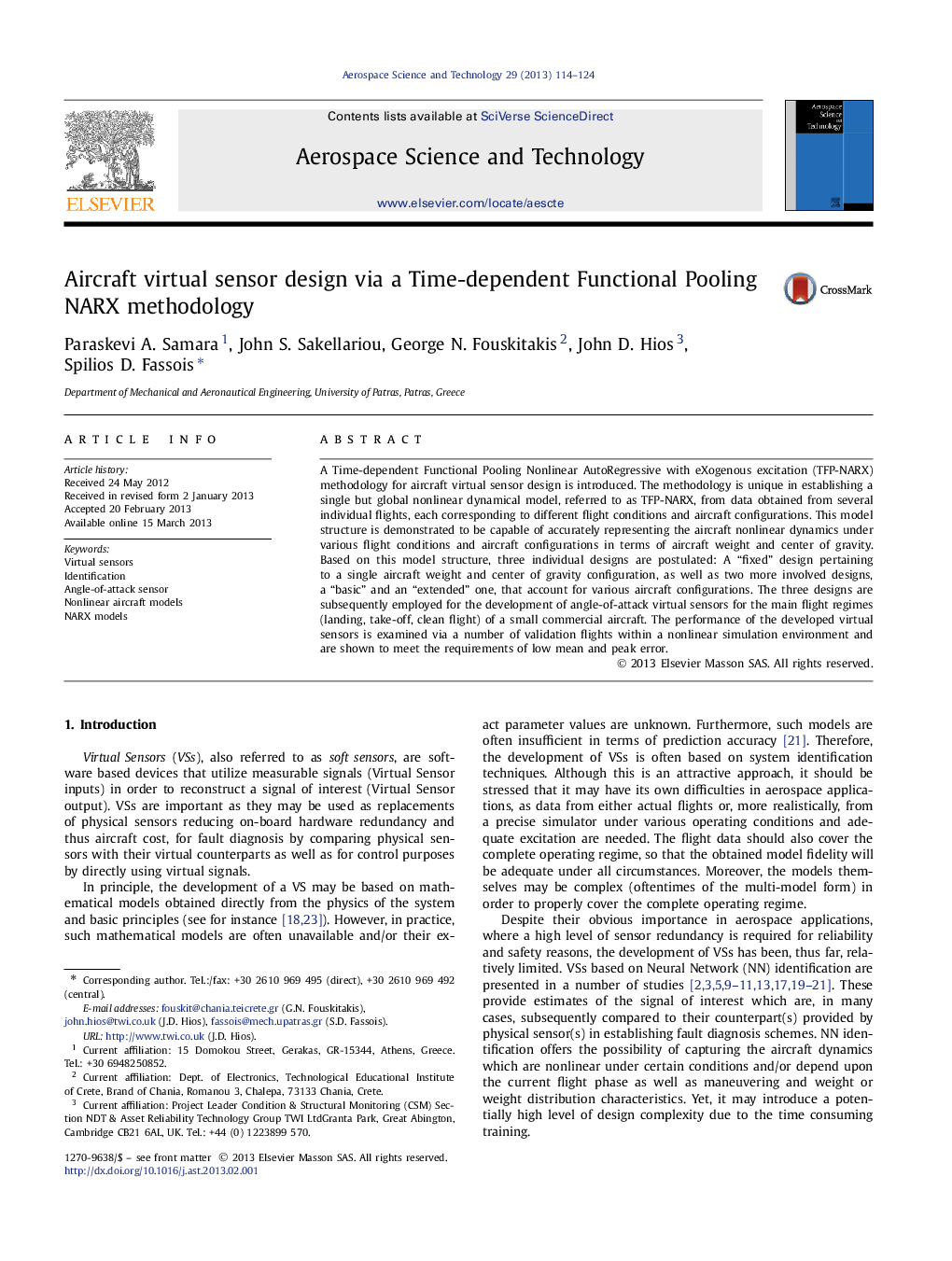 Aircraft virtual sensor design via a Time-dependent Functional Pooling NARX methodology