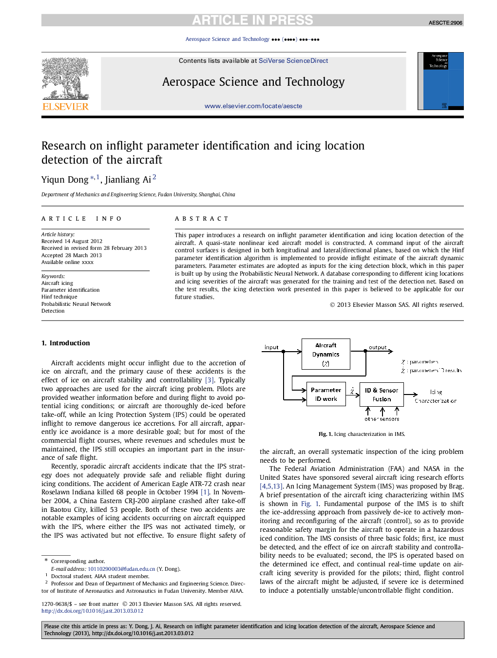 Research on inflight parameter identification and icing location detection of the aircraft