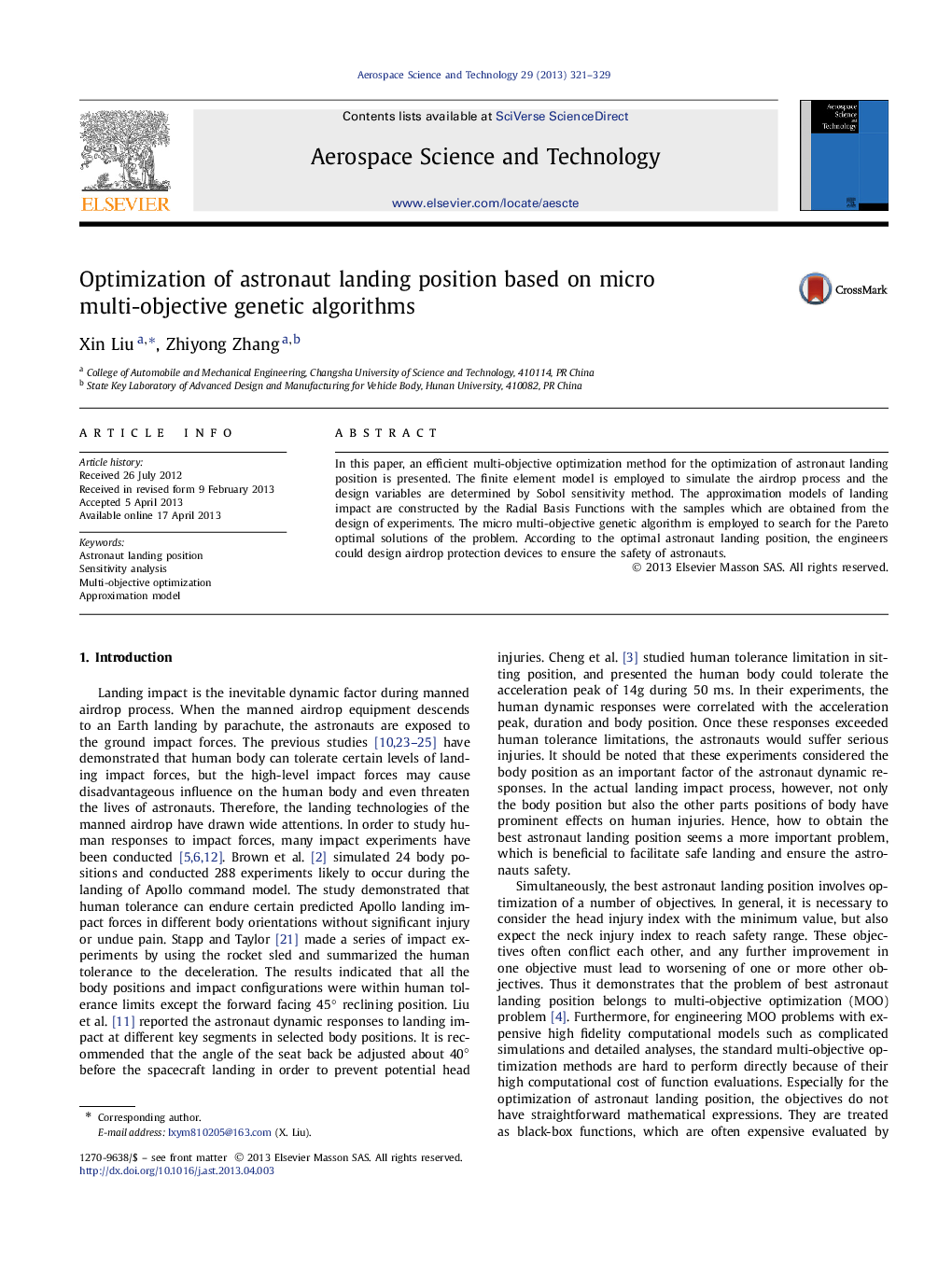 Optimization of astronaut landing position based on micro multi-objective genetic algorithms