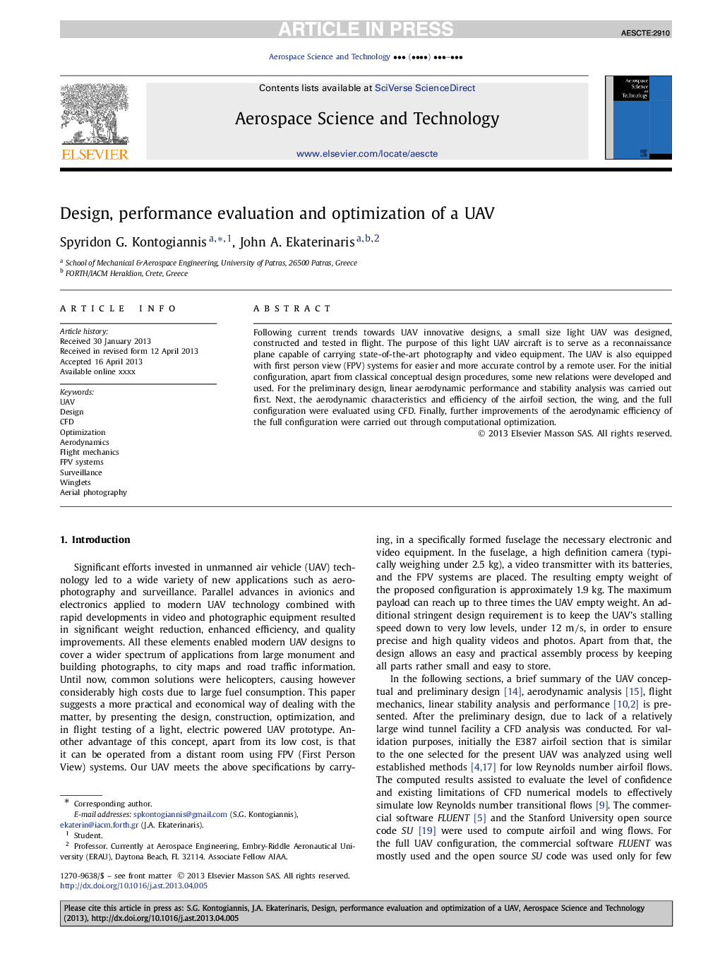 Design, performance evaluation and optimization of a UAV