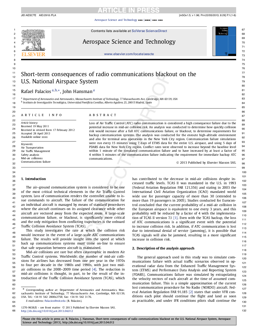 Short-term consequences of radio communications blackout on the U.S. National Airspace System