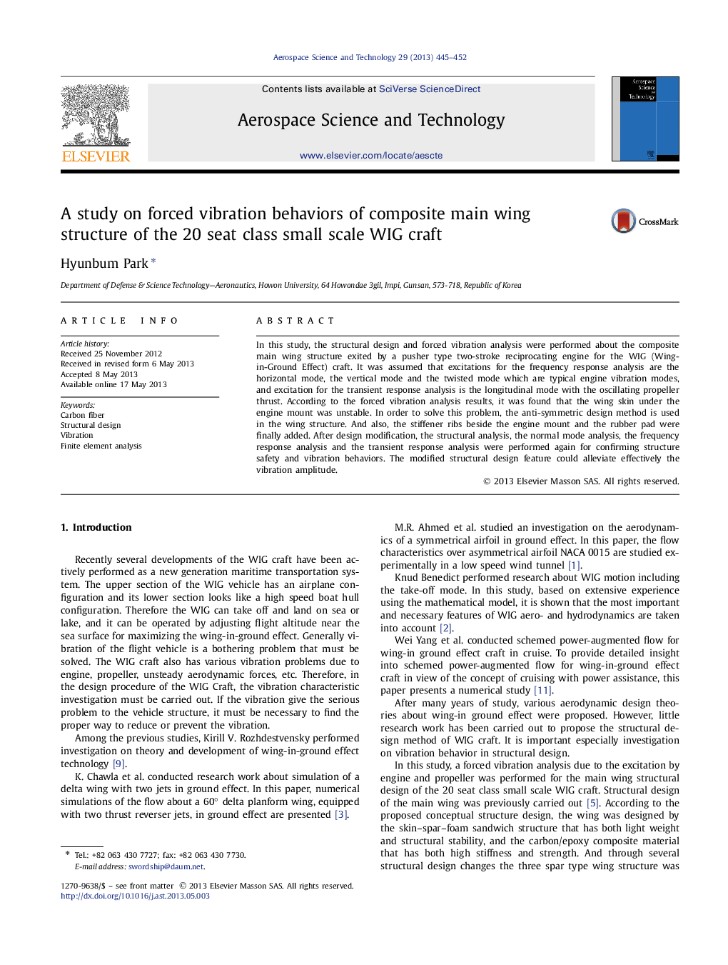 A study on forced vibration behaviors of composite main wing structure of the 20 seat class small scale WIG craft