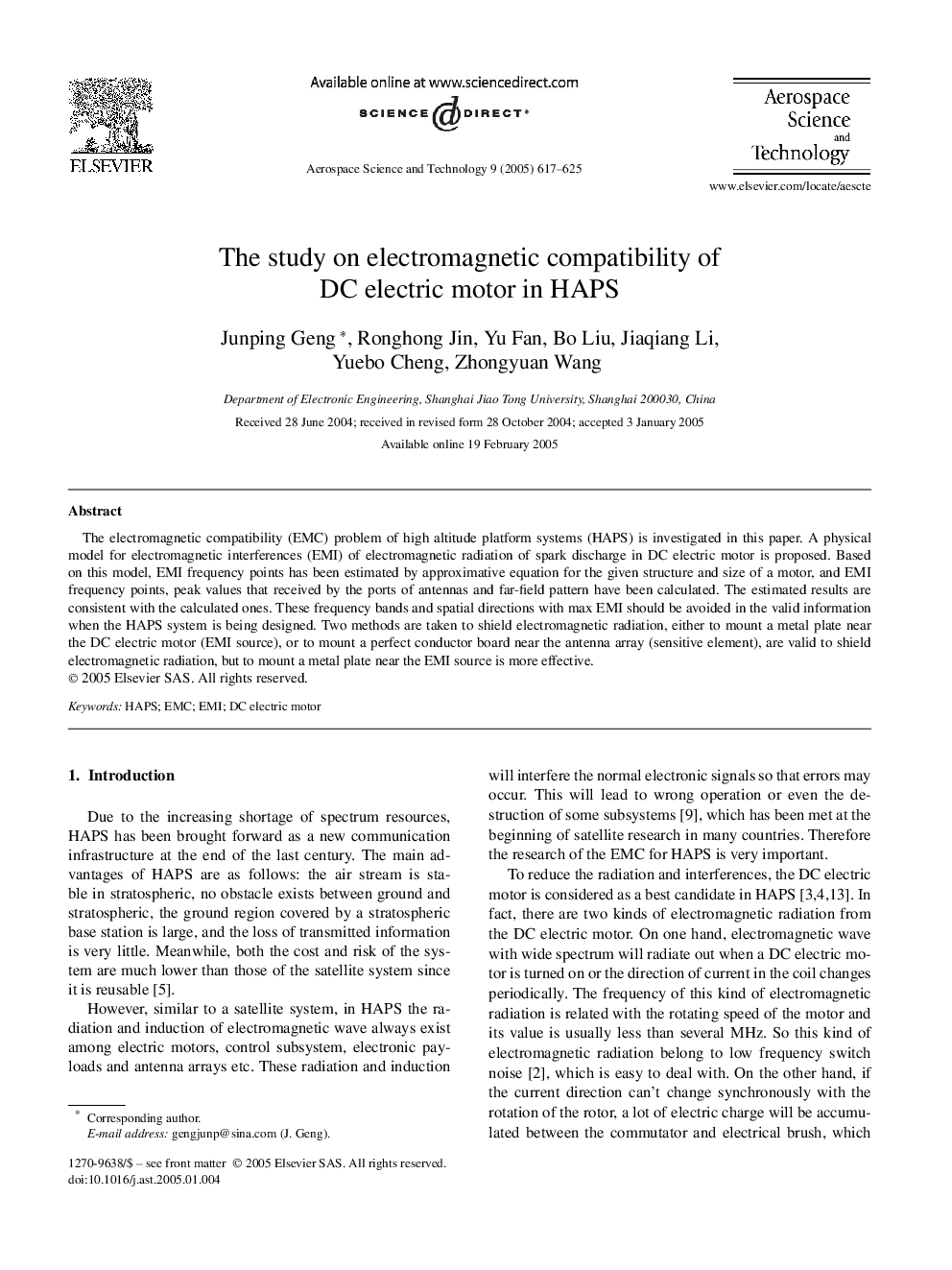 The study on electromagnetic compatibility of DC electric motor in HAPS