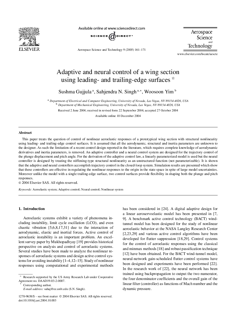 Adaptive and neural control of a wing section using leading- and trailing-edge surfaces