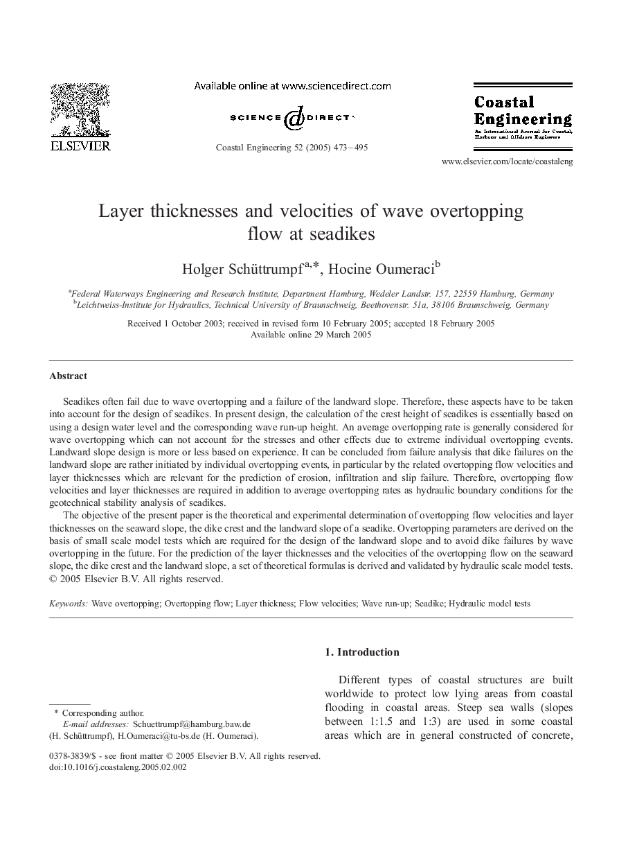 Layer thicknesses and velocities of wave overtopping flow at seadikes