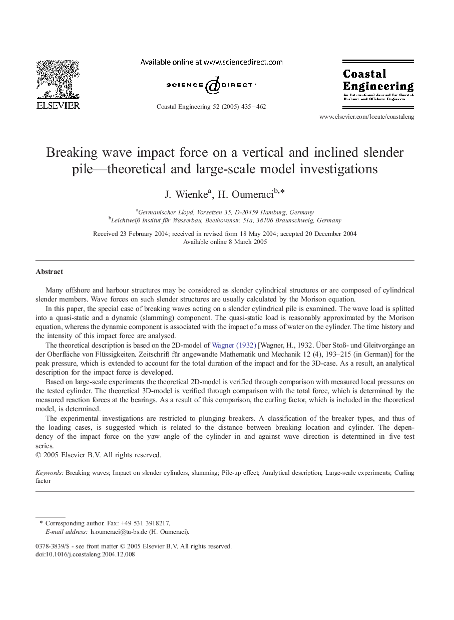 Breaking wave impact force on a vertical and inclined slender pile-theoretical and large-scale model investigations