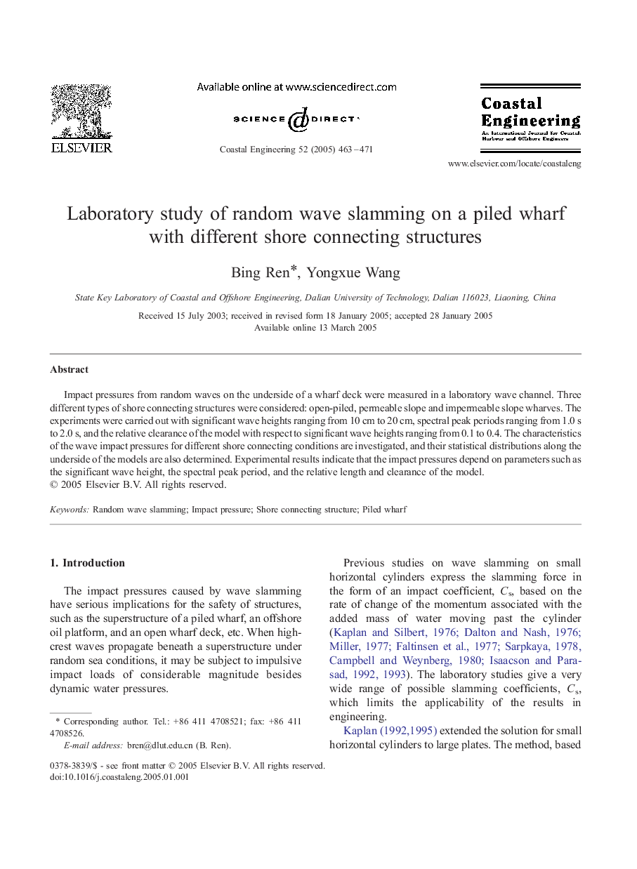 Laboratory study of random wave slamming on a piled wharf with different shore connecting structures